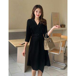Open-placket Ruffled Midi Dress With Belt