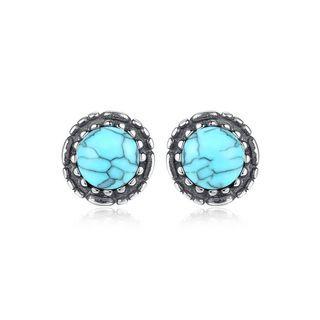 Sterling Silver Simple Fashion Geometric Round Turquoise Stud Earrings Silver - One Size