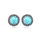 Sterling Silver Simple Fashion Geometric Round Turquoise Stud Earrings Silver - One Size