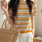 Short-sleeve Striped Knit Top Stripes - Orange & White & Blue - One Size