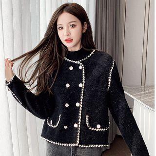 Contrast Trim Double Breasted Cardigan