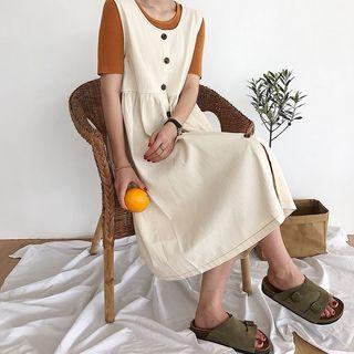 Short-sleeve Knit Top / Buttoned Sleeveless A-line Midi Dress