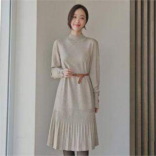 Buttoned-cuff Pleated-hem Midi Knit Dress