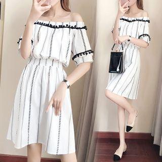 Striped Off Shoulder Short-sleeve A-line Dress