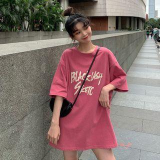 Elbow-sleeve Lettering Print Mini T-shirt Dress