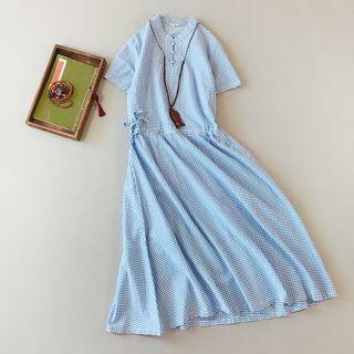 Short-sleeve Frog Buttoned Gingham A-line Midi Dress