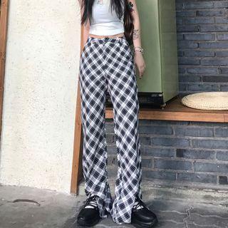 High Waist Bell-bottom Plaid Pants