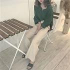 Plain Long-sleeve Top / Striped Wide-leg Pants