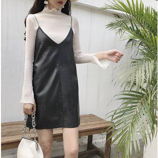 Mock-neck Long-sleeve Knit Sweater / Spaghetti Strap Faux Leather Dress