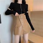 Faux Leather A-line Skort / Zip Knit Top