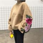 Floral Embroidered Puff Sleeve Loose Sweater