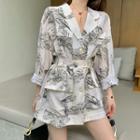 Printed 3/4-sleeve Blouse Shirt - One Size