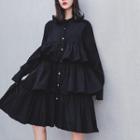 Long-sleeve Tiered Shirtdress Black - One Size