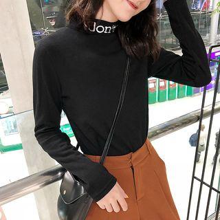 Letter Embroidered Mock Neck Velvet Top