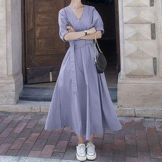 Short-sleeve V-neck Belted Midi A-line Dress