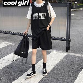 Plain Elbow-sleeve T-shirt / Lettering Contrast Trim Oversize Tank Top