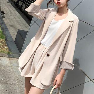 Set:plain Long-sleeve Blazer + High-waist Wide-leg Shorts