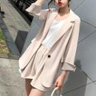 Set:plain Long-sleeve Blazer + High-waist Wide-leg Shorts