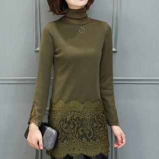 Lace Panel Long-sleeve Turtleneck Top