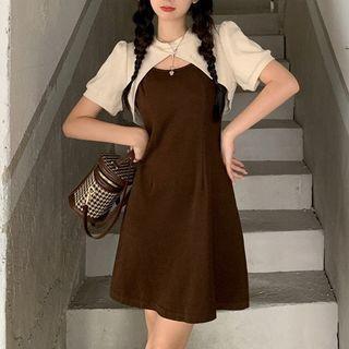 Set: Spaghetti Strap Mini A-line Dress + Short-sleeve Shrug