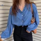 Dotted Balloon-sleeve Blouse Blue - One Size
