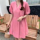 Double-breasted Puff-sleeve Mini A-line Dress Pink - One Size