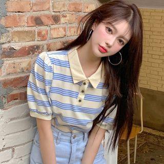 Short-sleeve Striped Collared T-shirt Stripes - Almond & Blue - One Size