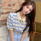 Short-sleeve Striped Collared T-shirt Stripes - Almond & Blue - One Size