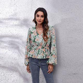 Balloon-sleeve Flower Print Peplum Blouse