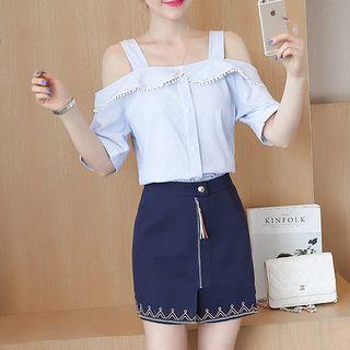 Set: Off Shoulder Elbow Sleeve Top + Embroidered Zip Front A-line Skirt