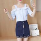 Set: Off Shoulder Elbow Sleeve Top + Embroidered Zip Front A-line Skirt