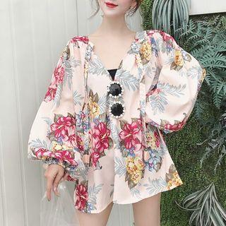 V-neck Flower Print Long-sleeve Top