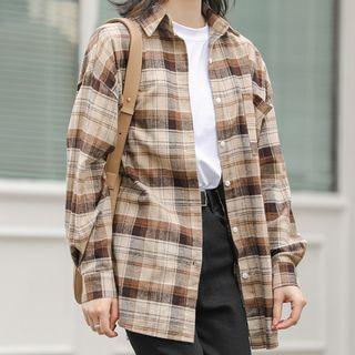 Long-sleeve Plaid Shirt Almond Coffee - One Size