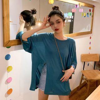Long-sleeve Slit Front Plain T-shirt