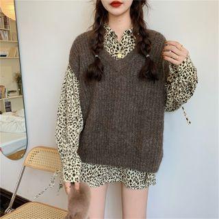 Long-sleeve Animal Print Shirt / Sweater Vest