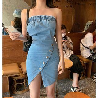 Denim Slit Tube Dress Denim Blue - One Size