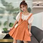 Puff-sleeve Buttoned Top / A-line Mini Suspender Dress