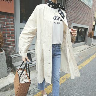 Collarless Snap-button Long Jacket With Sash