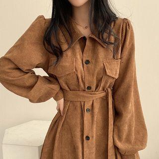 Corduroy Tie-waist Midi A-line Shirtdress