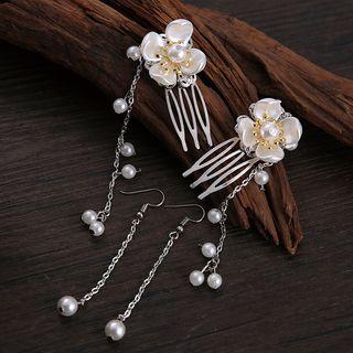 Set: Flower Hair Comb + Faux Pearl Earring