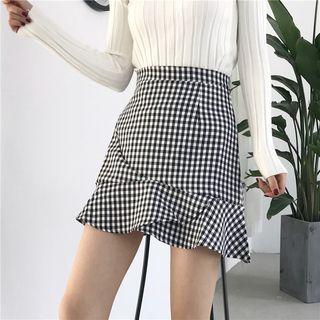 Check Ruffle Slim-fit A-line Skirt