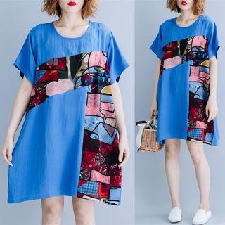 Printed Panel Short-sleeve Shift Dress Aqua Blue - One Size