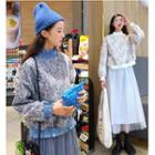 Melange Mock Neck Sweater / Mesh Panel Mid Skirt