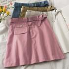 High-waist Plain Mini Skirt With Belt In 5 Colors