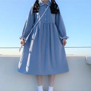 Set: Long-sleeve Collared Midi A-line Dress + Mini Crossbody Bag