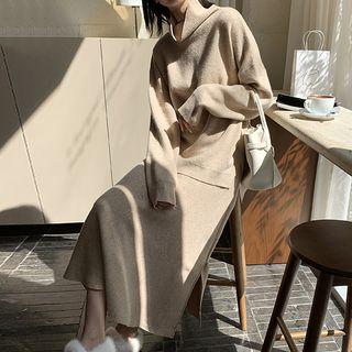 Oversize Side-slit Sweater / Midi Knit A-line Skirt