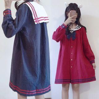 Long-sleeve Sailor Collar Button-front Dress