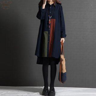 Long-sleeve Midi Color Block Shirtdress