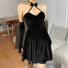 Set: Spaghetti-strap Velvet Mini A-line Dress + Oversleeves