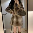 Long-sleeve Houndstooth Furry Trim Jacket / Mini Skirt (various Designs)